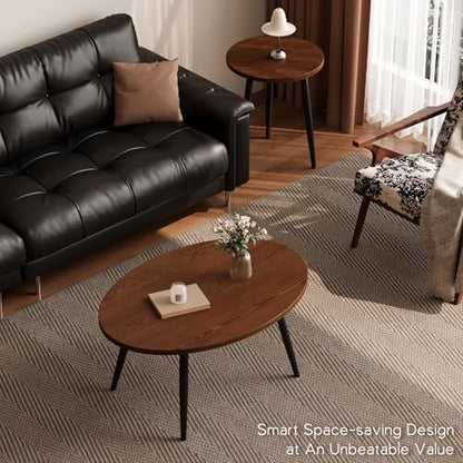 2 Pcs Small Oval Coffee Table,31.5" Retro Walnut Coffee Tables Nesting Tables Set,Easy Assembly Mid Century Modern Coffee Tables for Living Room Office,Coffee Table and End Table Sets - color: Oval-walnut