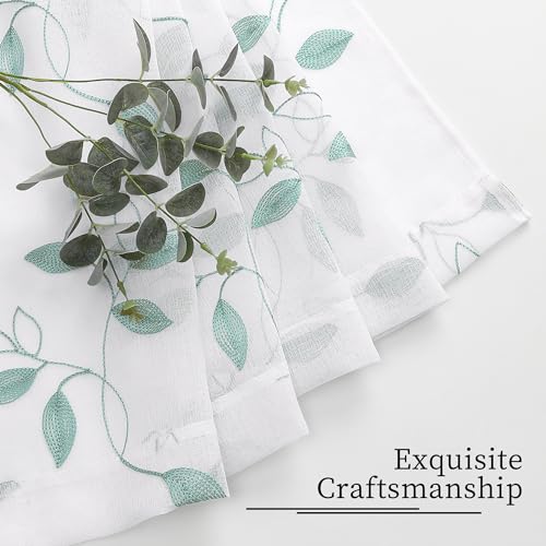 Tollpiz Teal Blue Leaf Sheer Tier Curtain Kitchen 30 x 36 Inches | Leaves Embroidered Curtains Rod Pocket Voile Bathroom Window Treatment for Cafe, Set of 2 Panels - color: Teal Blue, size: 30"W x 36"L (Pack of 2)