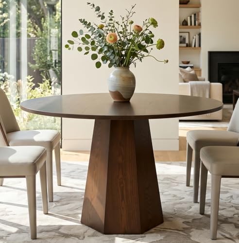 BESTANO 39” Round Solid Wood Dining Table for 4-5 People, Modern Pedestal Small Kitchen Table Circle Tabletop with Walnut Wood Grain Finish, Saving Space, Walnut - color: Walnut, 39” Round