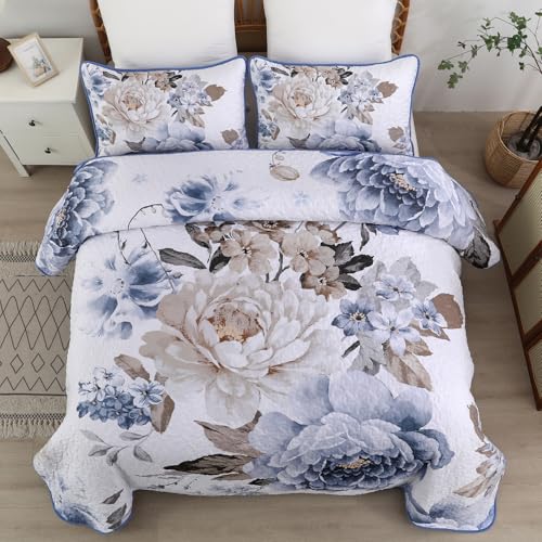WONGS BEDDING Quilt King Size, 3 Pcs Soft Blue Floral Bedspread Bedding Set | Boho Reversible Botanical Coverlet with 2 Shams, Soft Microfiber Lightweight Bedspread Bedding Set for All Season, 104"x90" - color: Blue, size: King 104"×90"