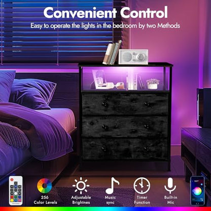 3-Drawer LED Nightstand with Charging Station, Black. | Engineered Wood and Steel, 2 AC and 2 USB ports, 24 Inch Wide, RGB App Control, Fabric Drawers, Open Storage Shelf - color: Black