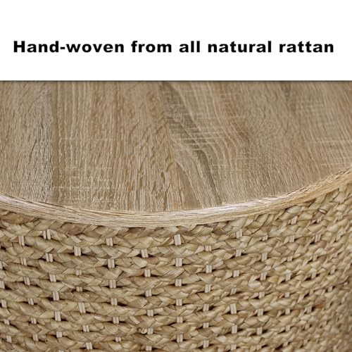 Nesting Coffee Table Set of 2, Rustic Crate and Barrel Coffee Table, Hand-Woven Woven Nesting Tables with Soild Wood Cover for Living Room, Bedroom - color: Beige White（under Cool Light）