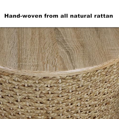 Nesting Coffee Table Set of 2, Rustic Crate and Barrel Coffee Table, Hand-Woven Woven Nesting Tables with Soild Wood Cover for Living Room, Bedroom - color: Beige White（under Cool Light）