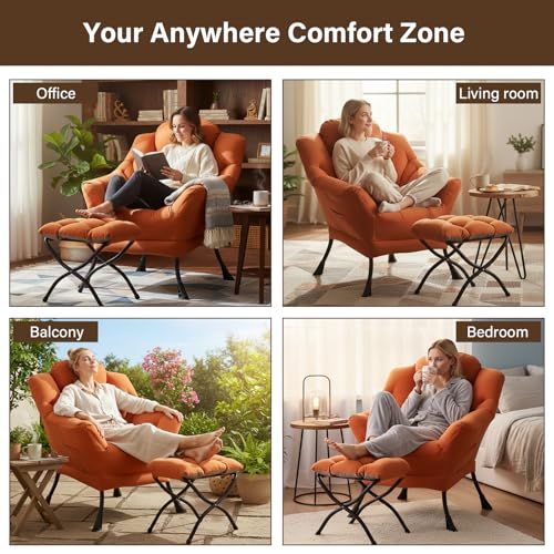 Welnow Lazy Chair with Ottoman, Reading Chair with Footrest，Orange | A Side Pocket,Armrests,Foldable Footrest,Thick Cushioned Seat & Backrest, Lounge Chair for Bedroom,Living Room & Small Space - color: Orange