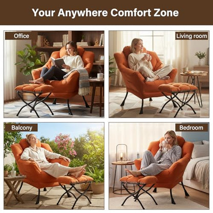 Welnow Lazy Chair with Ottoman, Reading Chair with Footrest，Orange | A Side Pocket,Armrests,Foldable Footrest,Thick Cushioned Seat & Backrest, Lounge Chair for Bedroom,Living Room & Small Space - color: Orange