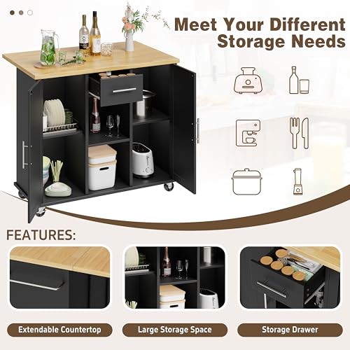 Shintenchi Kitchen Island with Storage, Bar Cart Cabinet Island Table on Wheels, Rolling Microwave Cart for Kitchen with Drop Leaf, Drawers, Towel Rack, Seating Area for Dining Room, Black - color: Black-42 Inch