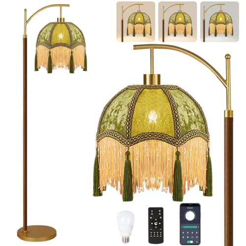 AHDWDW Gold Vintage Floor Lamp for Living Room Bedroom,Arc Victorian Floor Lamps with Remote,Wood Standing Tall Lamp with Green Tassels Velvet Lampshade,Fringe Dimmable Modern Floor Lamp for Corner - size: D