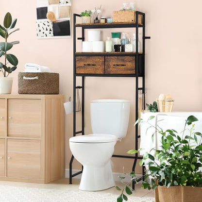 YBING Over The Toilet Bathroom Storage Cabinet for Freestanding, Above Toilet Shelf with Fabric Drawer, Tall Bathroom Shelf Organizer with Toilet Paper Holder, Brown - color: Brown