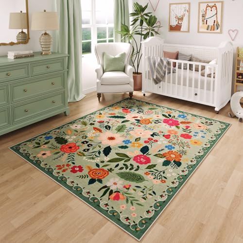 Rugcomf Bedroom Rug 3x5 Rug Washable Area Rug Non Slip Low Pile Boho Floral Small Carpet for Bedroom, Bedside, Kitchen, Entryway, Kids Room, Office, College Dorm Essentials for Girls(Green) - color: Green, size: 3' x 5' (Rectangular)