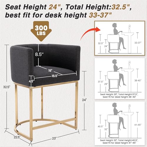 HNY Charcoal Modern Barrel Counter Height Clearance Bar Stools Set of 2, 24 Inch Linen Kitchen Barstools with Back for Island, with Gold Metal Tubular Frame - color: 24inch Charcoal,gold Base