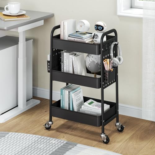 TOOLF Metal Rolling Storage Cart, 3-Tier Utility Mobile Cart with DIY Pegboards, Serving Trolley Cart with Baskets Hooks, for Kitchen, Bathroom, Office, Home, Classroom (Black) - color: Black