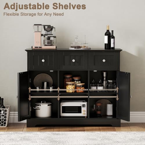 ChooChoo 35.4" Coffee Bar Cabinet with 3 Drawers and 2 Doors, Black | Buffet Cabinet with Adjustable Shelves, Storage Cabinet for Compact Kitchens, Dining rooms and Living rooms - color: Black