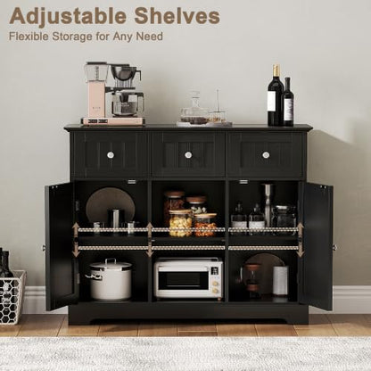 ChooChoo 35.4" Coffee Bar Cabinet with 3 Drawers and 2 Doors, Black | Buffet Cabinet with Adjustable Shelves, Storage Cabinet for Compact Kitchens, Dining rooms and Living rooms - color: Black