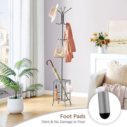 Hoctieon Coat Rack Freestanding, Coat Tree with Umbrella Holder | Metal Coat Rack Stand with 12 Hooks, Standing Coat Hanger Stand, Umbrella Stand for Entryway, Hat Rack Stand for Home Office - color: Gray