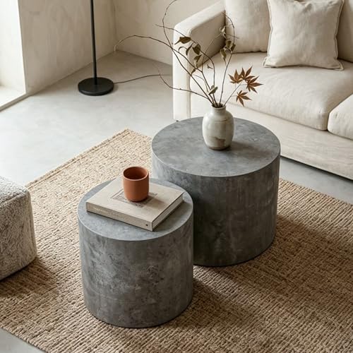 Nesting Coffee Table Set of 2, Matte Grey Round Wooden Coffee Tables Modern Circle Center Table for Small Space Living Room Bedroom Accent End Side Table, No Assembling (Stone Gray) - color: 18.9" White