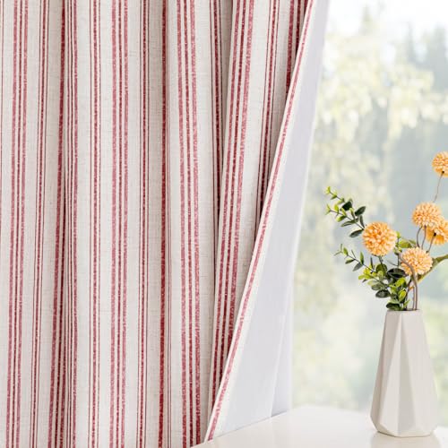 MYSKY HOME Striped Curtains 100% Blackout for Girls Bedroom 63 Inches Long Red Stripe Patterned Farmhouse Rustic Linen Blend Double Layer Drapes, Grommet, 2 Panels, 52" Wide - color: B-red/Blackout, size: 52"W x 63"L (Pack of 2)