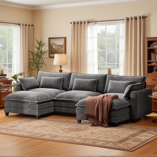 Marsail Modular Sectional Sofa 110.6" U-Shaped Modern Comfy Cloud Couch, 5-Seat Chenille Deep Seat Sofa with Throw Pillow & Movable Ottoman for Living Room, Bedroom and Apartment, Grey - color: Grey, size: 110.6" - U Shape