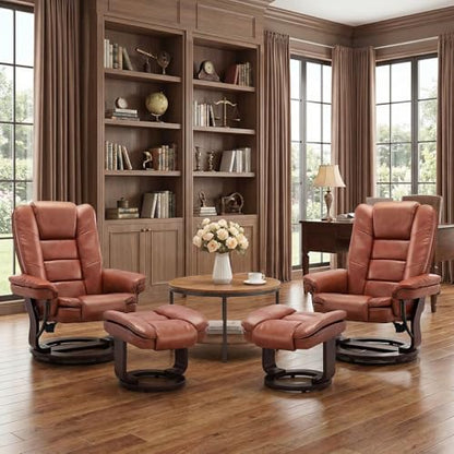 Swivel Recliner Chair with Ottoman Reclining Lounge Sofa Footrest, Set of 2 | 360°Sturdy Wood Base, Soft Faux Leather, Upholstered Ultra-Plush Foam, Modern Armchair, Living Room Bedroom Office Reading - color: Brown, size: Set of 2