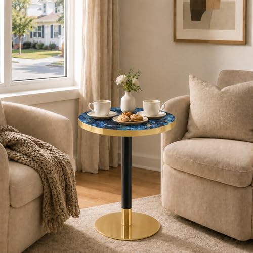 TesNus 23.6" Small Round Dining Table for 2, Circle Tulip Table, Faux Marble Top with Gold Metal Pedestal Base, Modern Leisure Coffee Table for Small Spaces, Cafe, Office, Blue&Gold - color: Blue Top&black Leg&gold Base