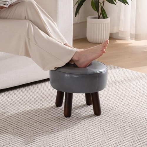 oakvivo Round Leather Pouf Ottoman Footstool, Small 13" Footrest | 13 x 13 x 10.2in Foot Rest with Non-Skid Rubber Legs, Foot Stool for Living Room, Bedroom, Couch, Entryway, Grey - color: Grey