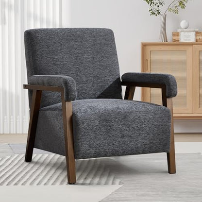 Bonzy Home Mid-Century Modern Accent Chair,Upholstered Armchair with Lumbar Cushion Padded Arms,Comfy Fabric Reading Chair with Stable Wooden Frame for Living Room & Bedroom,Grey - color: Dark Grey, size: 1PCS