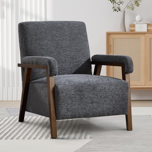 Bonzy Home Mid-Century Modern Accent Chair Set of 2,Upholstered Armchair with Lumbar Cushion Padded Arms,Comfy Fabric Reading Chair with Stable Wooden Frame for Living Room & Bedroom,Grey - color: Dark Grey, size: 2PCS