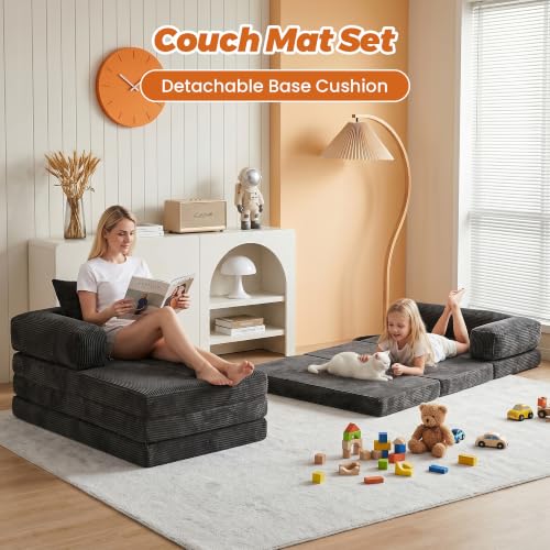 6-in-1 Boneless Couches L-Shaped Modular Sectional Sofa | Cloud Couch Sectional & Tri-Folding Mattress | Corduroy Pet-Friendly Convertible Sofa Bed with 800LB Capacity Apartment, Guest Room - color: Grey 2