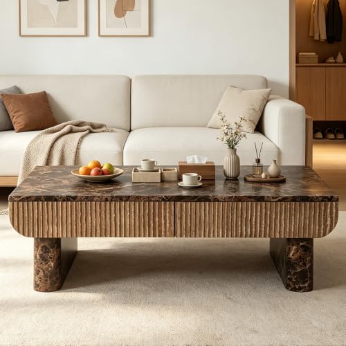 47" Coffee Table with Faux Marble Tabletop with Drawer | Modern Rectangular Center Table for Living Room, Contemporary Tea Table for Apartment,Natural Walnut - color: 47" Coffee Table With Faux Marble Tabletop,walnut