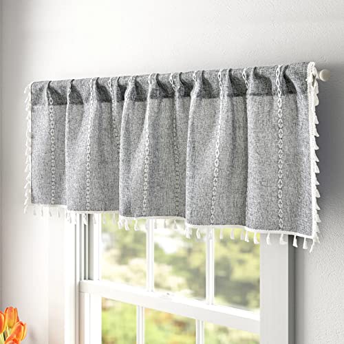 RoomTalks Rustic Farmhouse Kitchen Valances for Windows in Dark Gray, 18’’L x 52’’W Boho Striped Vintage Charcoal French Country Cottage Textured Tassel Curtain Valances for Bathroom Living Room - color: Charcoal Gray, size: 52"W x 18"L (Pack of 1)