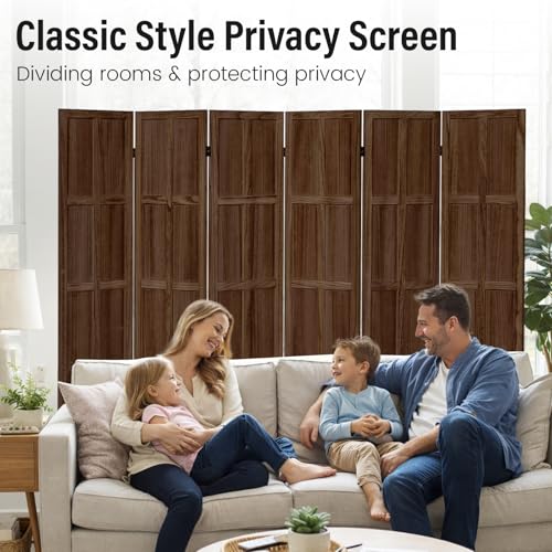 6 Panel Wood Room Divider and Folding Privacy Screen 67″, Brown | Solid Paulownia Wood Room Partition with 360° Hinges, Freestanding Wall Divider for Room Separation, Home, Bedroom, Office - color: 6 Panels Brown, size: 6 Panels