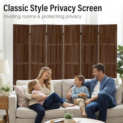 6 Panel Wood Room Divider and Folding Privacy Screen 67″, Brown | Solid Paulownia Wood Room Partition with 360° Hinges, Freestanding Wall Divider for Room Separation, Home, Bedroom, Office - color: 6 Panels Brown, size: 6 Panels