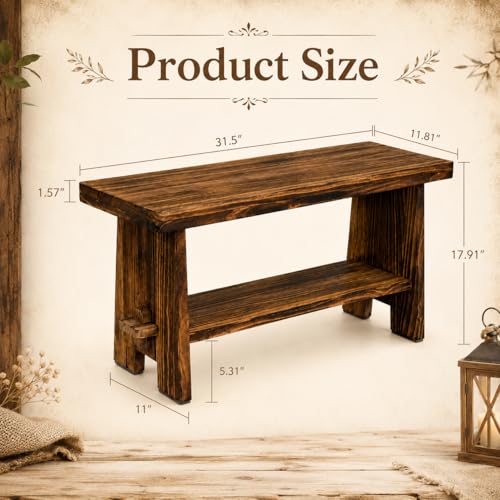 31.5" Solid Wood Entryway Bench, Farmhouse Rustic Storage Bench for Small Spaces, Narrow Indoor Bench Seat for Hallway, Living Room, Dining Room & Mudroom, Mortise-and-Tenon Base, Rustic Brown