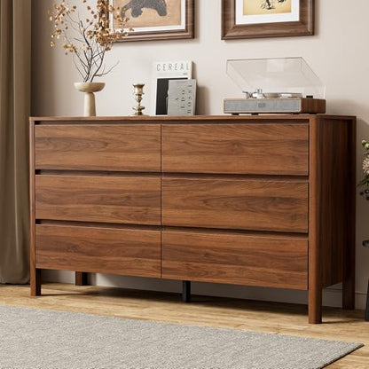 Furniway 55" Mid-Century Modern Dresser for Bedroom, 6 Drawer Wide Chest of Drawers with Wood Legs, Large Storage Bedroom Dresser, Walnut - size: 15.7"D x 55.1"W x 31.5"H (6 Drawers)