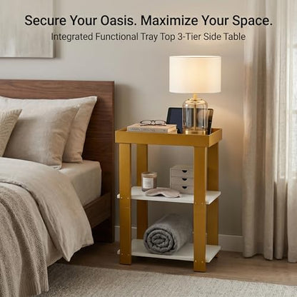 3-Tier Narrow Side Table with Tray Top, Slim Side Table, White&Gold | Modern Skinny End Table with Storage, Thin Nightstand Bedside Table for Small Spaces, Living Room, Bedroom or Bathroom - color: White + Gold