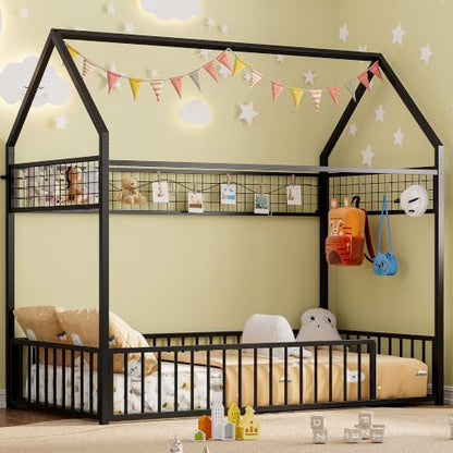 IRONCK Twin Floor Bed Frame with Fence Guardrails and Roof, Black | Metal House Bed with Hanging Mesh, No Box Spring Needed, Easy Assembly, Anti-tipping Device - color: Black