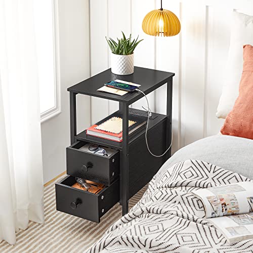 HOOBRO End Table with Charging Station, Narrow Side Table with 2 Drawer & USB Port & Power Outlets, Nightstand for Small Spaces, Stable and Sturdy, for Living Room, Bedroom, Black BK541BZ01 - color: Black