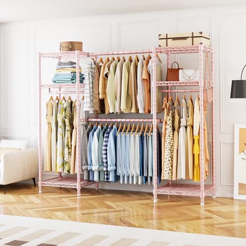 E7 Garment Rack, Heavy Duty Clothes Storage System with Extendable Rod | Metal Clothing Rack with 6 Wire Shelves, Freestanding Portable Closet Wardrobe for Hanging Clothes, Load 838lbs, Pink - color: Pink