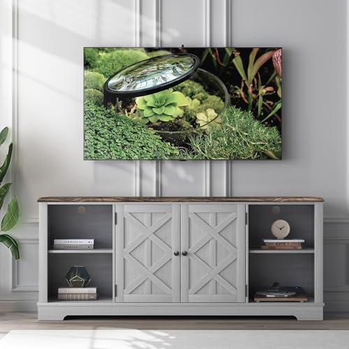 70 Inch TV Stand for Living Room, Gray Farmhouse TV Console with Storage | LIVILAND Rustic Entertainment Center with Storage Cabinets & Adjustable Shelves, Media Console for Bedroom - color: Grey