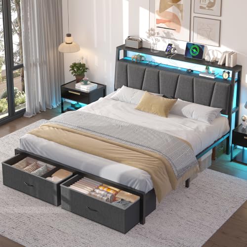 FreeHouse Full Size Bed Frame with Storage Headboard & 2 Drawers,Grey | Upholstered Full bed frame with Charging Station & LED Light, Fabric Drawers,Metal Slats, No Box Spring Needed, Noise-Free - color: Grey, size: Full