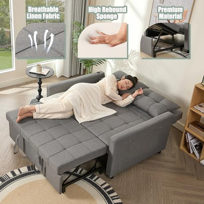 GOSUHI 52" 3-in-1 Convertible Sleeper Sofa Bed, Linen, Light Gray | Pull-Out Bed, Stepless Adjustable Backrest, Side Pocket, Compact Loveseat, Living Room, Dorm & Apartment - color: Light Gray