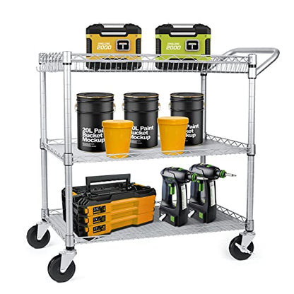 990Lbs Capacity Heavy Duty Rolling Utility Cart, NSF Rolling Carts with Wheels,Commercial Grade Metal Cart with Handle Bar & Shelf Liner,Trolley Serving Cart for Restaurant,Kitchen,Gray - color: Gray-3 Tier