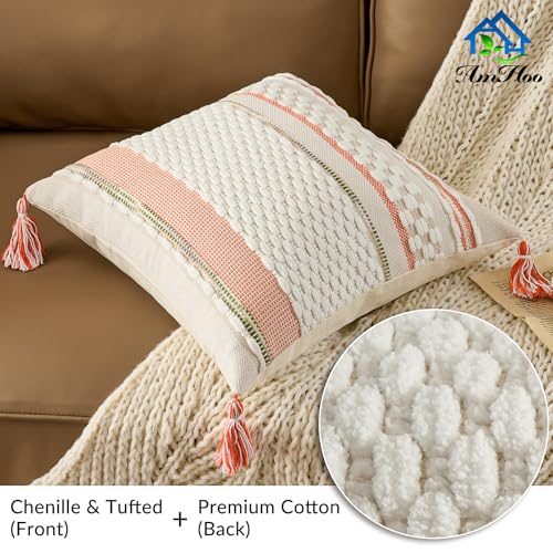 Chenille Striped Textured Boho Throw Pillow Covers Aesthetic with Tassels Woven Decorative Pillow Case for Couch Bed Sofa Bedroom Modern Funky 18 x 18-Inch White Orange - color: White Orange, size: 18" x 18" (Pack of 1)