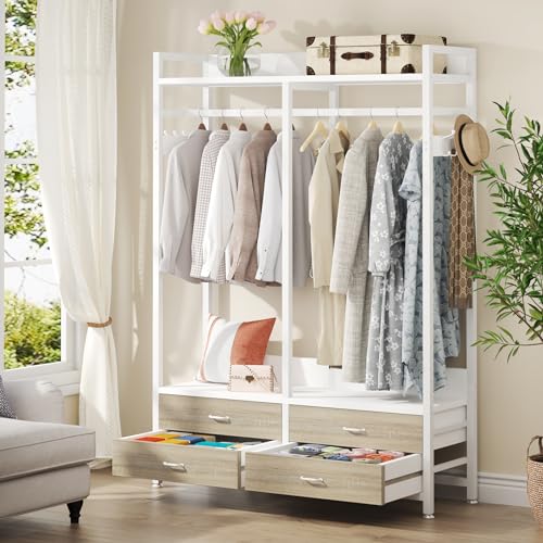 Tribesigns Freestanding Closet Organizer, Garment Rack with 4 Drawers | Heavy Duty Clothing Rack, Open Wardrobe Closet for Bedroom, 8 Hooks and Storage Shelves, Wood and Metal, White - color: White Walnut