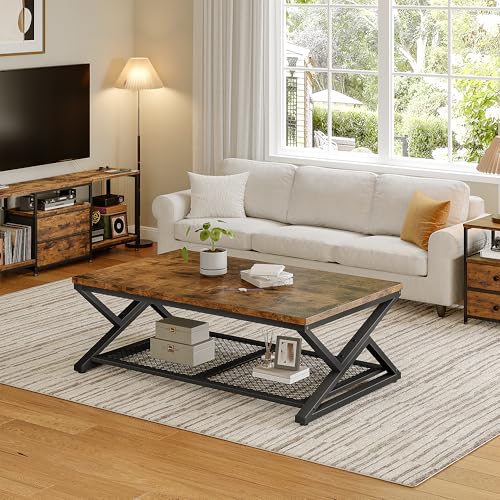EnHomee Coffee Table, Storage & Shelf, X-Frame Stability, Rustic Brown | Families, Wood & Metal, Holds Magazines & Drinks, Industrial Design, Living Room, 47.2“ - color: Rustic Brown, size: 47.2 Inch