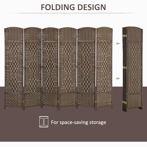 HOMCOM 6 Panel Room Divider 6 Ft Privacy Screen Hand-Woven Brown | Folding PP Wall Partition, Pine Wood Frame, Freestanding Room Separator, Bedroom Home Office, No Assembly - color: Brown, size: 6 Panel