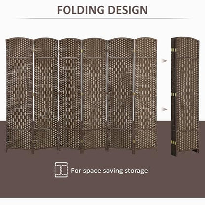HOMCOM 6 Panel Room Divider 6 Ft Privacy Screen Hand-Woven Brown | Folding PP Wall Partition, Pine Wood Frame, Freestanding Room Separator, Bedroom Home Office, No Assembly - color: Brown, size: 6 Panel