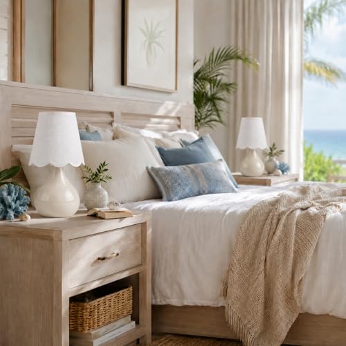 12" Beige Ceramic Table Lamp, Small Plug-in Bedside Lamp with Linen Shade, E26 Socket, 6FT Cord & Rocker Switch, Coastal Accent Lamp for Bedroom Nightstand, Living Room, Dorm