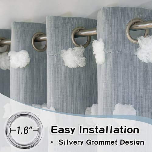 MYSKY HOME Dusty Blue Curtains for Bedroom & Kids Room - 54 Inch Long, Double Layer, White Pom Pom, Sheer, Grommet, Darkening, Small Window, 2 Panels, 52 x 54 in - color: Dusty Blue, size: 52"W x 54"L (Pack of 2)
