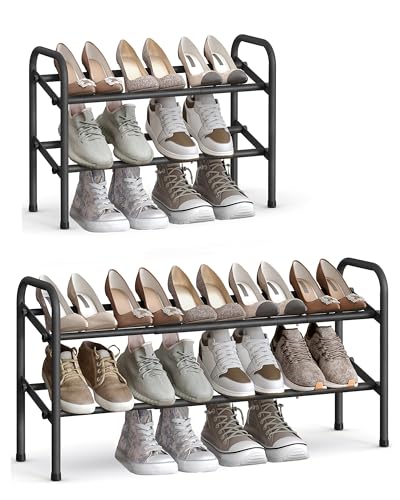 SONGMICS Expandable Shoe Rack, 2 Tier Shoe Rack Shelf, Adjustable Shoe Organizer Storage for 15 Pairs of Shoes, Metal Free Standing Shoe Racks for Closet, Front Door Entryway, Easy Assembly, Ink Black - size: 2 Tier (16.5"H)