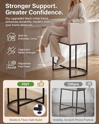 HNY Modern Counter Height Bar Stools Set of 2, 24" Linen Counter Stools with 8.5" Extra Tall Barrel Back, Black Tubular Frame, Deep Comfortable Seat Island Stools for Kitchen Counter, Home Bars, Cream - color: 24inch Cream,black Base